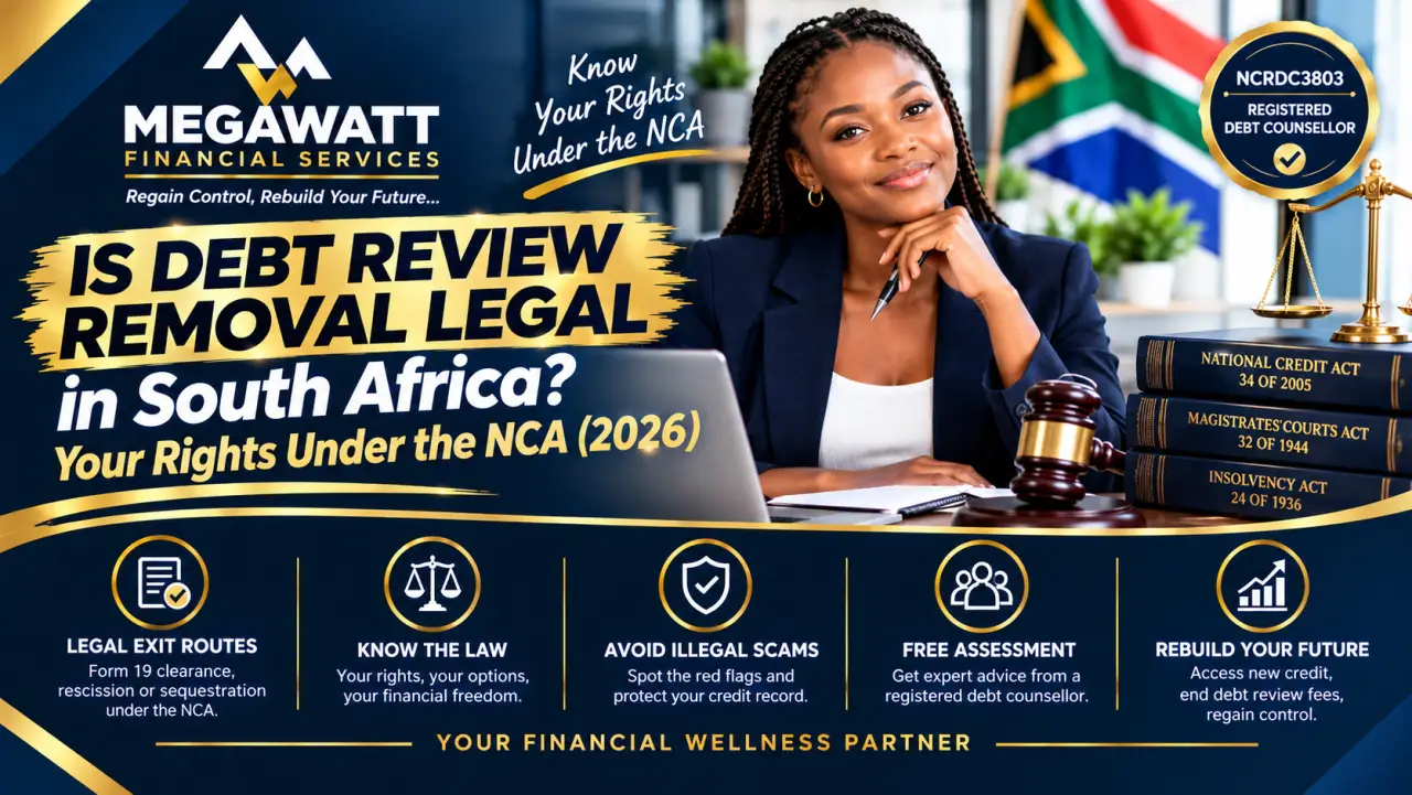 Is debt review removal legal in South Africa? Discover the lawful exit routes, including Form 19 clearance, court rescission and sequestration under South African law. Megawatt Financial Services (NCRDC3803) explains your rights in 2026. Is debt review removal legal in South Africa? Infographic explaining legal debt review removal routes under the National Credit Act, including Form 19 clearance, court rescission and sequestration — Megawatt Financial Services NCRDC3803.