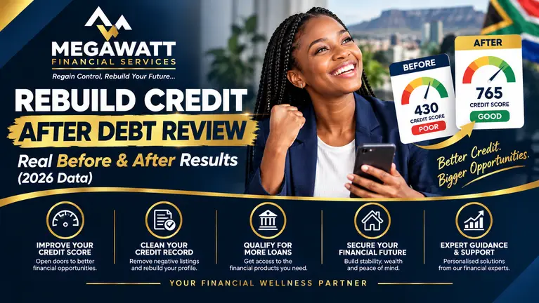 Rebuild credit after debt review in South Africa, showing before and after credit improvement results in 2026.